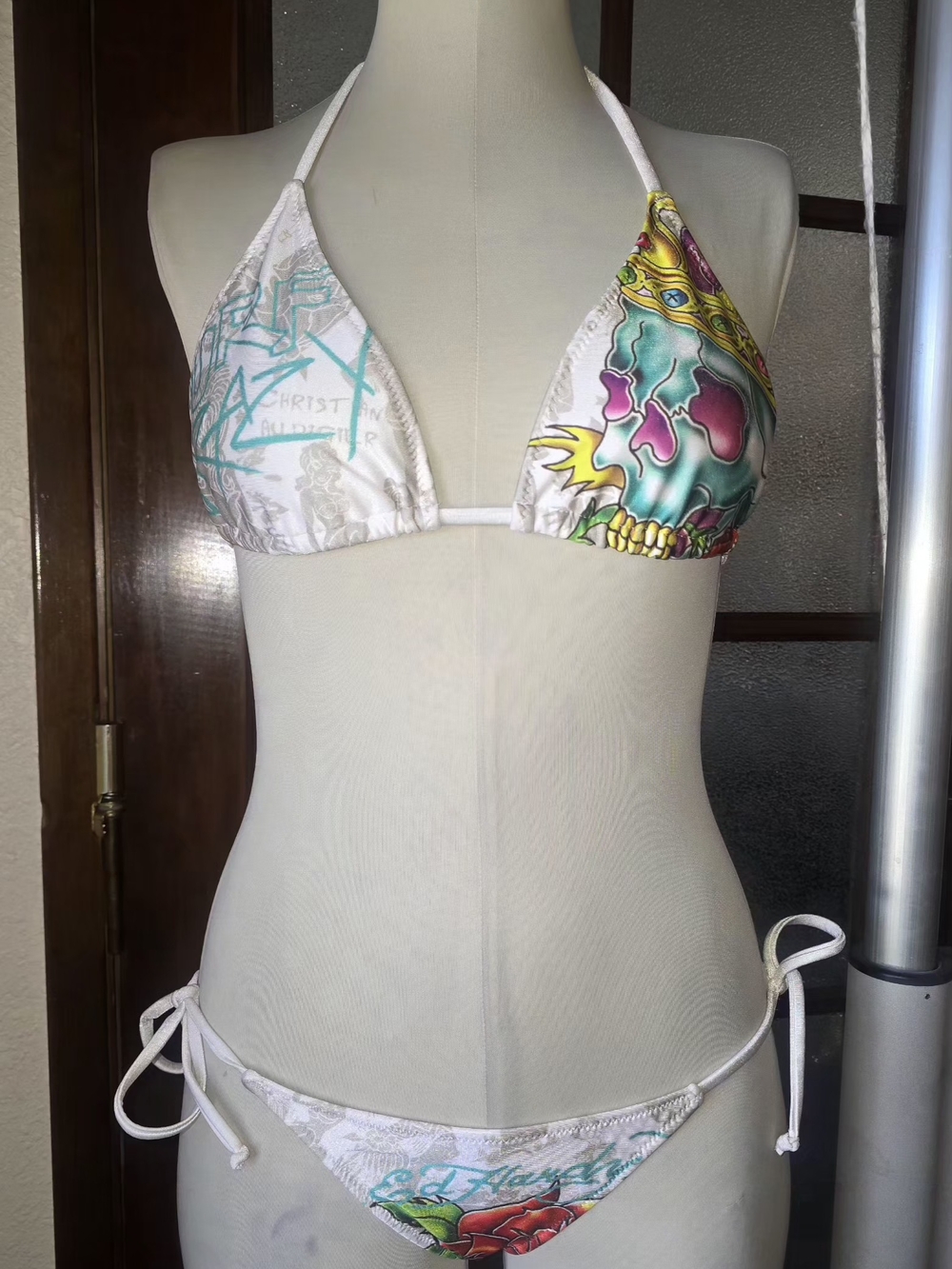 Ed Hardy White Bikini Bottom with Red Rose and Green Leaves